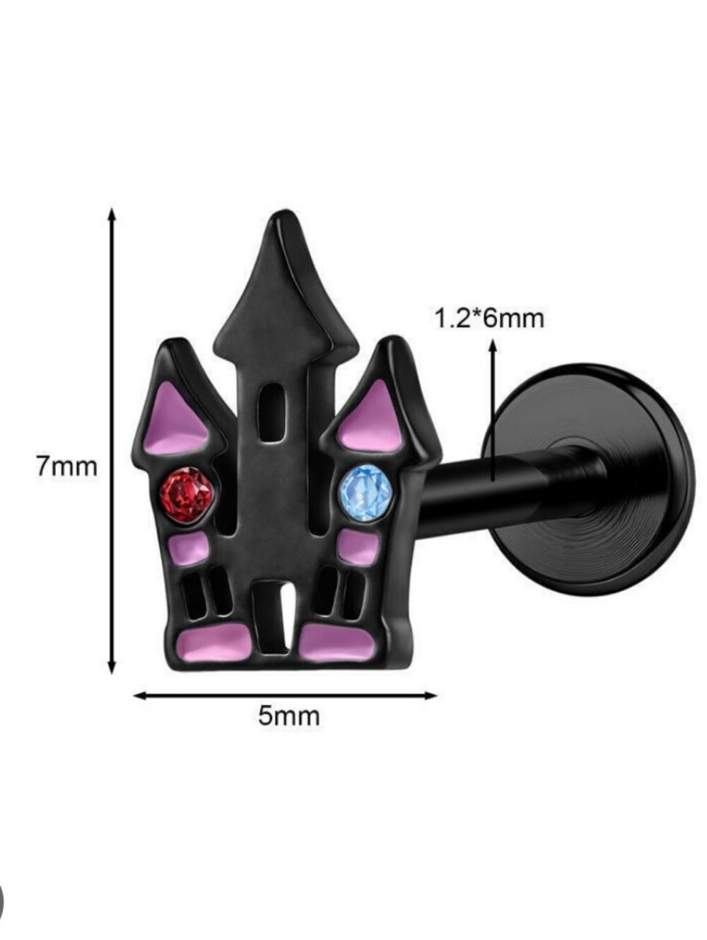 Black Castle Tragus/Labret Stud with Pink Accents and Red/Blue Gems